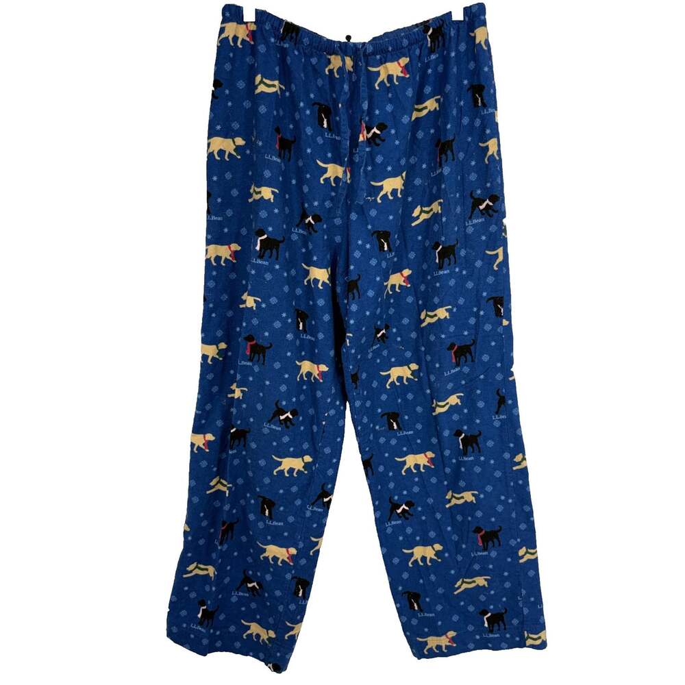 LL Bean Men M Wicked Cozy Flannel Sleep Pajama Pants Blue Dog Novelty Print Rest